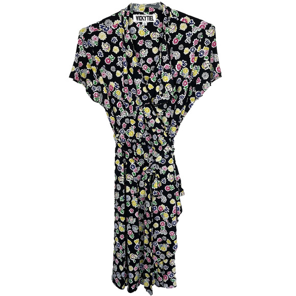 Vicky Tiel Midi Wrap Dress Size XL Black Colorful Floral Stretch Casual Career - Picture 2 of 10